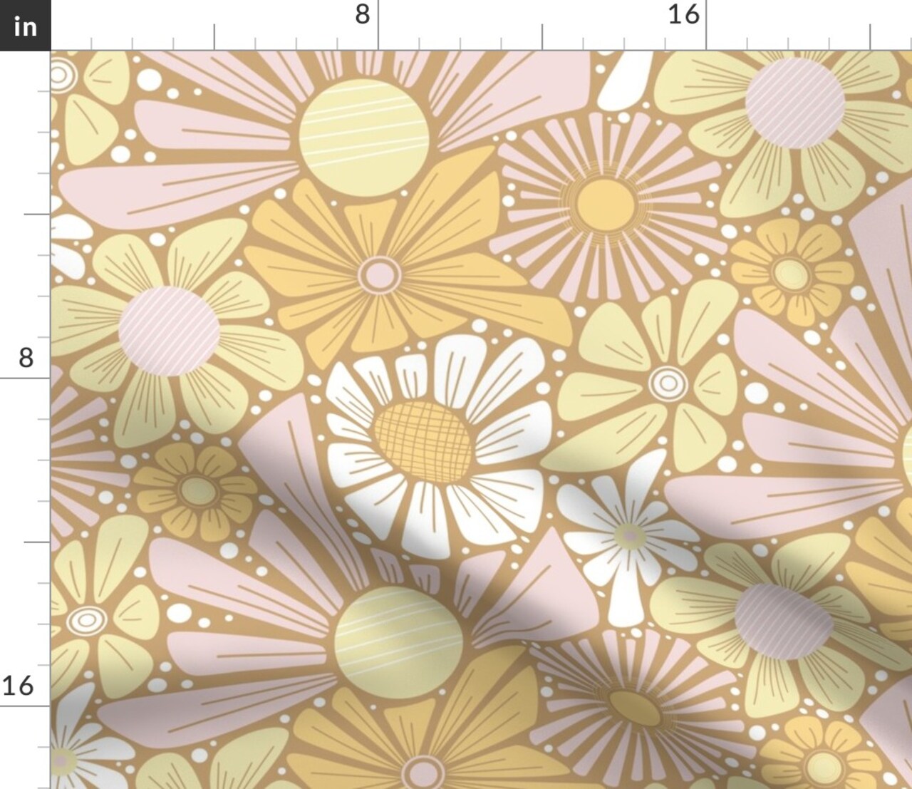 Retro Hippy Floral Yellow Flowers Flower Power Bohemian Sunshine Large Scale Custom Printed Fabric by Spoonflower Various Fabrics by the Yard or Fat Quarter